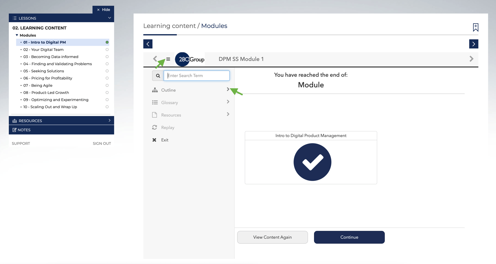 How do I restart a module or subtopic?
